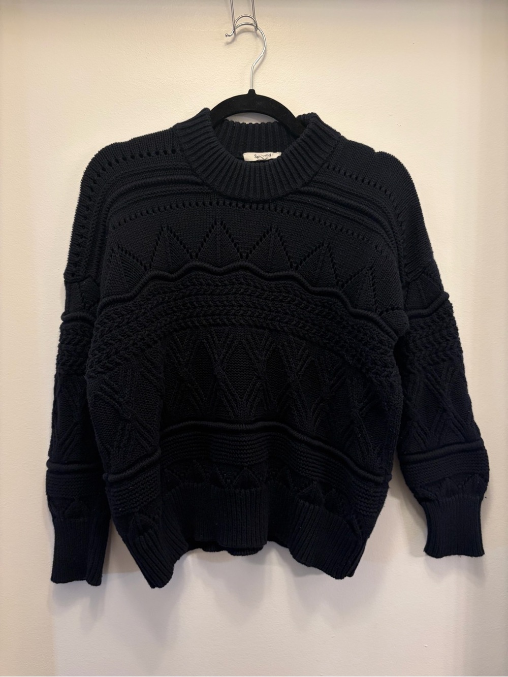 Splendid Navy Black Textured Knit Crewneck Sweater Women's XS Relaxed Fit